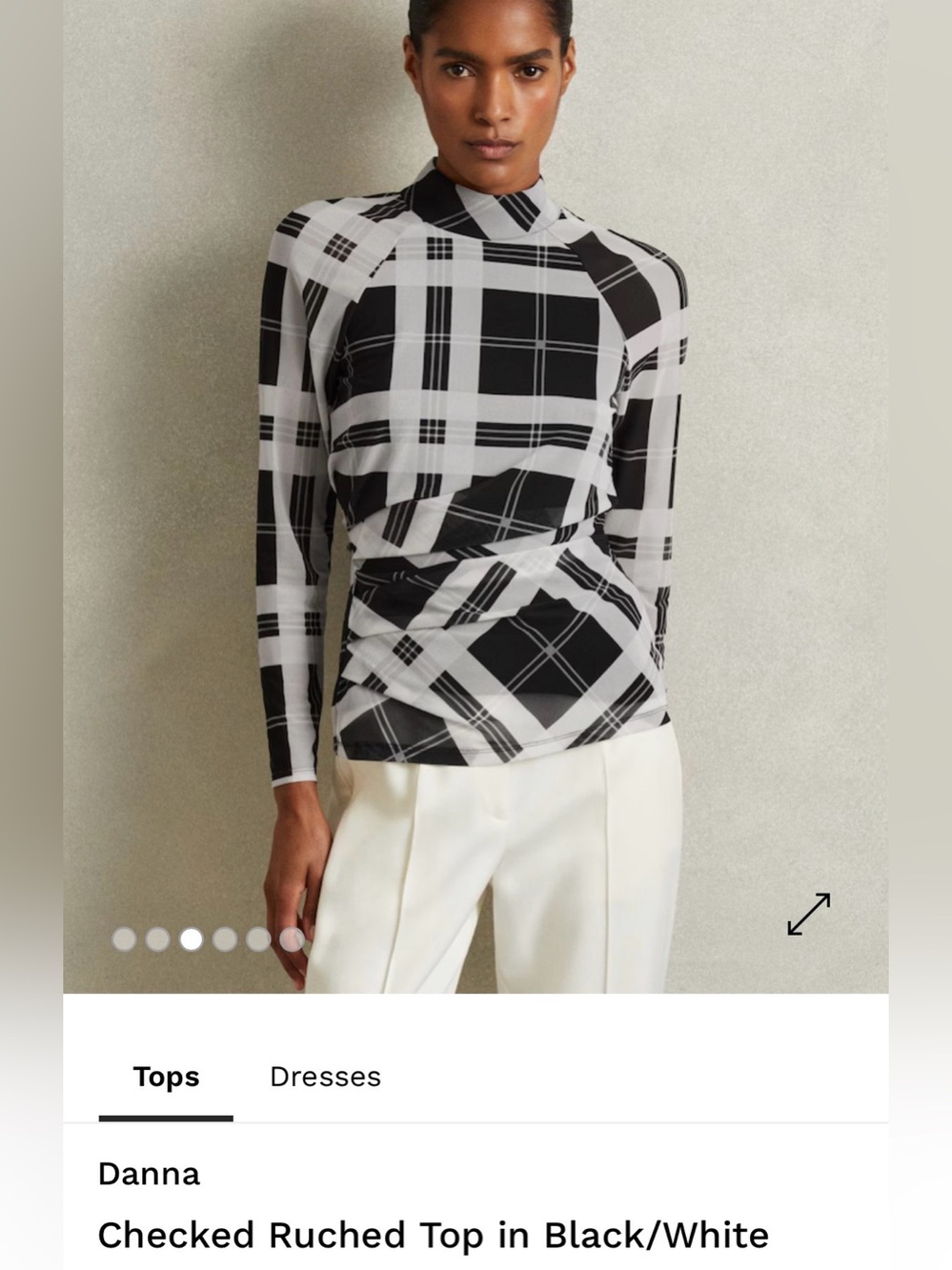 Reiss Black and White Checked Ruched Long-Sleeve Top